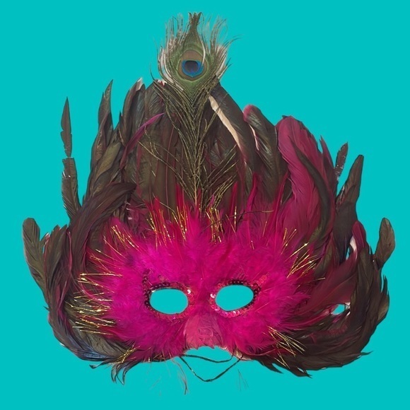 MARDI GRA PINK FEATHER  MASK WITH FEATHERS  NEW ORLEANS COSTUME PARTIES‎ - Picture 2 of 8